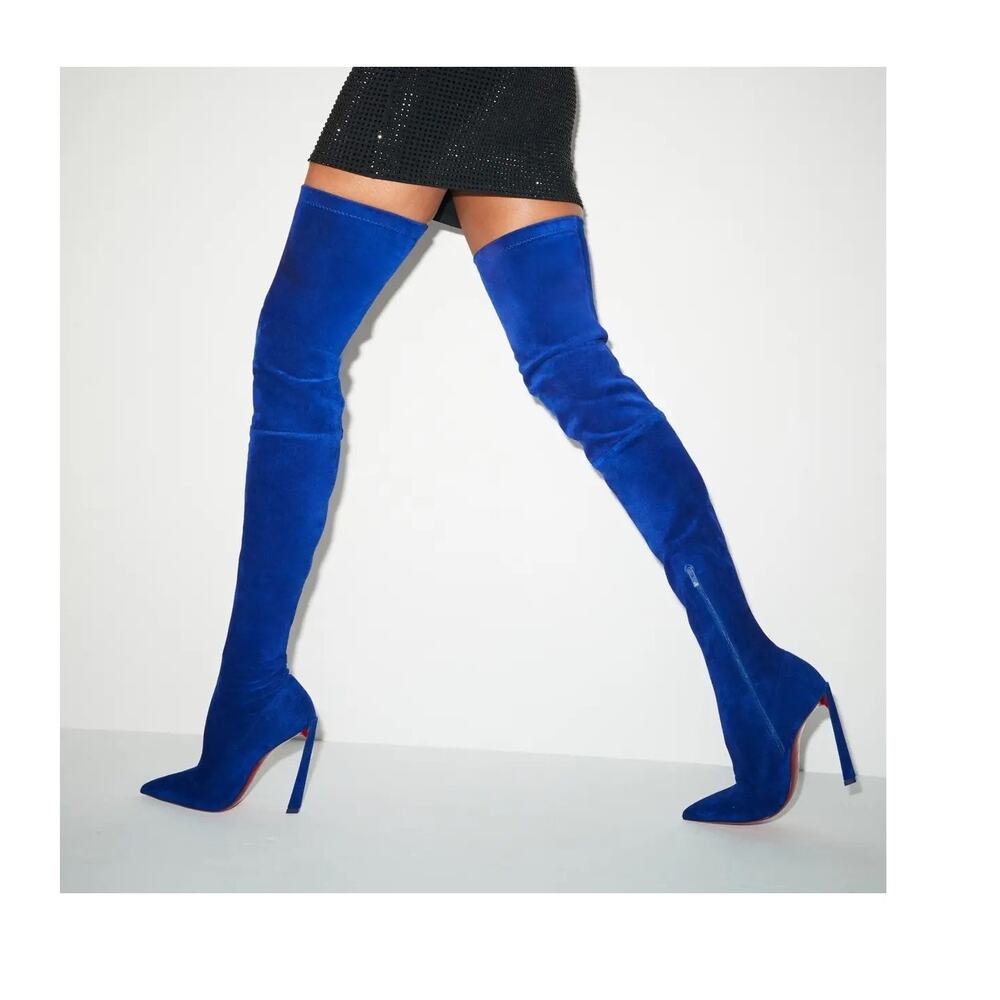Christian Louboutin Condora Botta Alta Galactiqueen Blue Suede OTK Boots EU 37